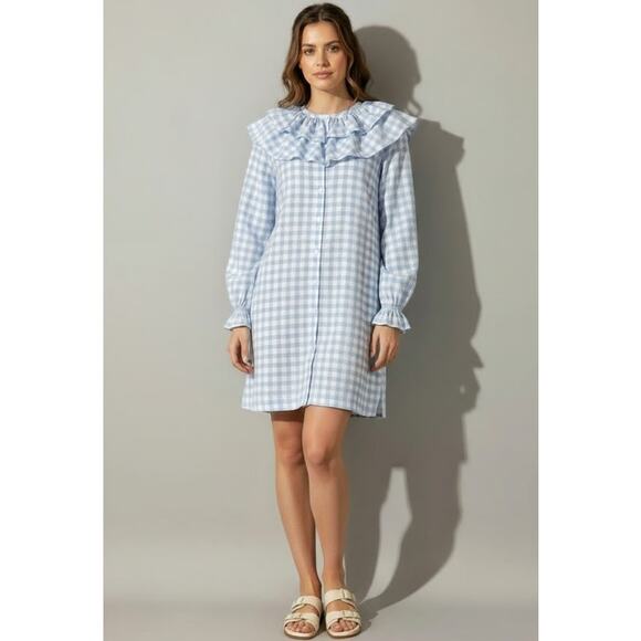 Hill House Colette Blue Jacquard Check Ruffle Long Sleeve Mini Dress, XS - Picture 1 of 14